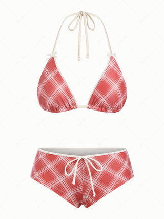 Red Vintage Plaid Lace Bowknot Halter Triangle Cheeky Boyshorts Bikini Set