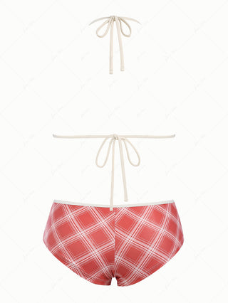 Red Vintage Plaid Lace Bowknot Halter Triangle Cheeky Boyshorts Bikini Set