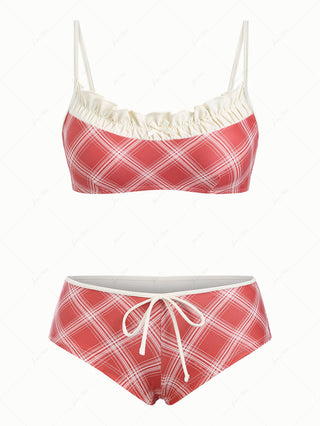Red Vintage Plaid Ruched Ruffles Bowknot Cheeky Boyshorts Bikini Set