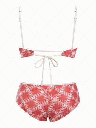 Red Vintage Plaid Ruched Ruffles Bowknot Cheeky Boyshorts Bikini Set