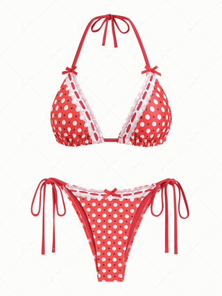 Vintage Red Polka Dot Lace Bowknot Halter Triangle Bikini Set