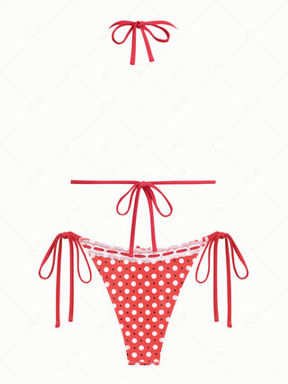 Vintage Red Polka Dot Lace Bowknot Halter Triangle Bikini Set