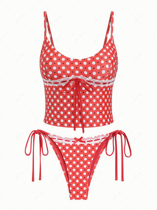 Vintage Red Polka Dot Lace Bowknot Tie Side Tankini Set