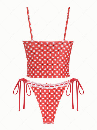 Vintage Red Polka Dot Lace Bowknot Tie Side Tankini Set