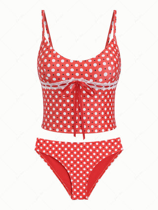Vintage Red Polka Dot Lace Bowknot Cami Tankini Set