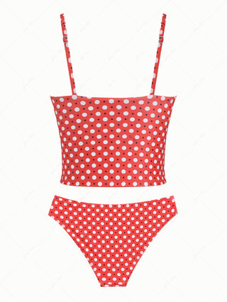 Vintage Red Polka Dot Lace Bowknot Cami Tankini Set
