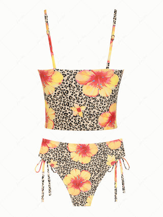 Leopard Floral Hibiscus Print Bowknot Tankini Set