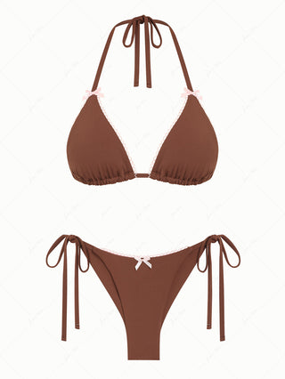 Coffee Contrast Picot Bowknot Halter Triangle Top & Cheeky Brazilian Bottom Bikini Set
