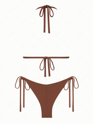 Coffee Contrast Picot Bowknot Halter Triangle Top & Cheeky Brazilian Bottom Bikini Set