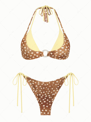 Brown Deer Print O Ring Double Layer Top & Cheeky Brazilian Bottom Bikini Set