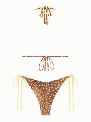 Brown Deer Print O Ring Double Layer Top & Cheeky Brazilian Bottom Bikini Set