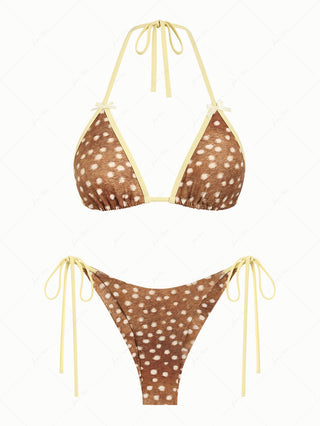 Brown Deer Print Bowknot Contrast Binding Triangle Top & Cheeky Brazilian Bottom Bikini Set