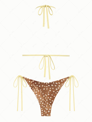 Brown Deer Print Bowknot Contrast Binding Triangle Top & Cheeky Brazilian Bottom Bikini Set