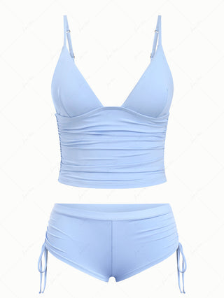 Powder Blue Solid Color Ruched Deep V Neck Cinched Cheeky Boyshorts Tankini Set