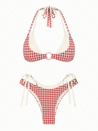 Pomegranate Red Gingham Textured O Ring Double Layer Bikini Set