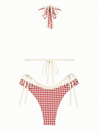 Pomegranate Red Gingham Textured O Ring Double Layer Bikini Set