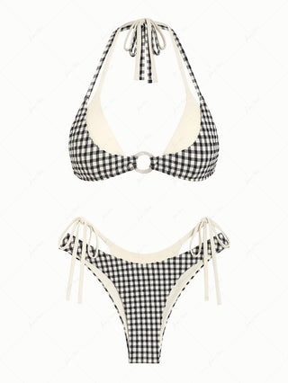 Black Gingham Textured O Ring Double Layer Bikini Set