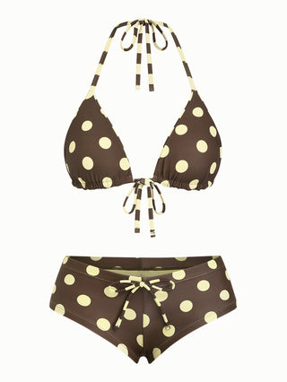 Coffee Striped Polka Dot Halter Triangle Reversible Top & Cheeky Boyshorts Bikini Set