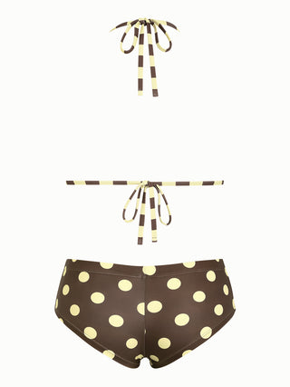 Coffee Striped Polka Dot Halter Triangle Reversible Top & Cheeky Boyshorts Bikini Set