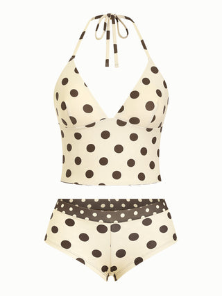 Apricot Polka Dot Halter Tied Back Reversible Top & Cheeky Boyshorts Tankini Set