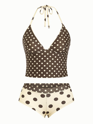 Apricot Polka Dot Halter Tied Back Reversible Top & Cheeky Boyshorts Tankini Set