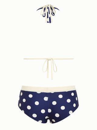 Deep Blue Polka Dot Print O Ring Double Layer Top & Cheeky Boyshorts Bikini Set