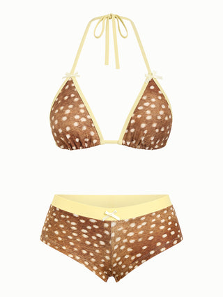 Brown Deer Print Bowknot Contrast Binding Triangle Cheeky Boyshorts Bikini Set