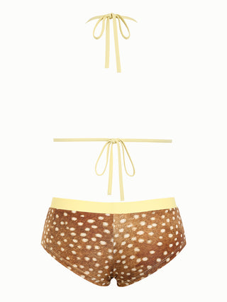 Brown Deer Print Bowknot Contrast Binding Triangle Cheeky Boyshorts Bikini Set