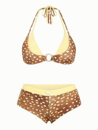 Brown Deer Print O Ring Double Layer Top & Cheeky Boyshorts Bikini Set