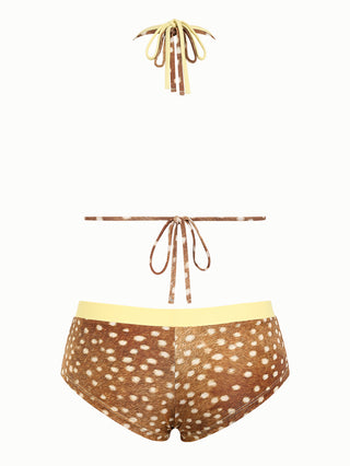 Brown Deer Print O Ring Double Layer Top & Cheeky Boyshorts Bikini Set