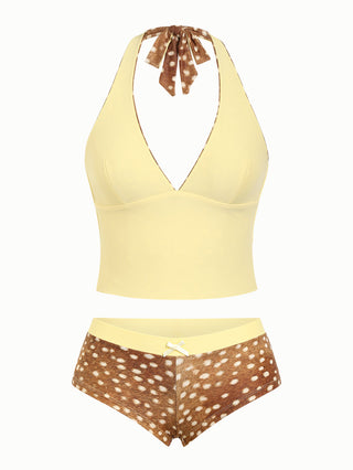 Brown Deer Print Bowknot Halter Tied Back Reversible Top & Cheeky Boyshorts Tankini Set