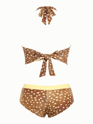 Brown Deer Print Bowknot Halter Tied Back Reversible Top & Cheeky Boyshorts Tankini Set