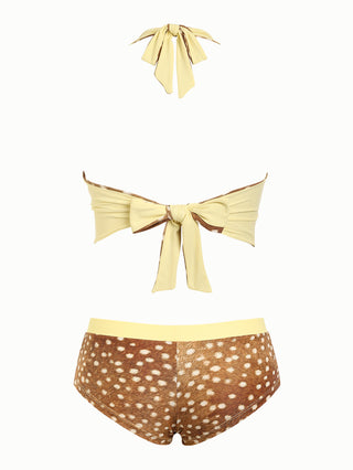 Brown Deer Print Bowknot Halter Tied Back Reversible Top & Cheeky Boyshorts Tankini Set
