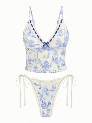 Crystal Cream Toile de Jouy Print Plunging Neck String Tankini Set