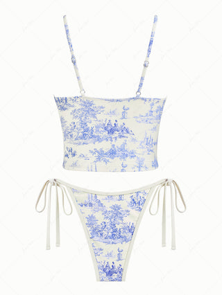 Crystal Cream Toile de Jouy Print Plunging Neck String Tankini Set
