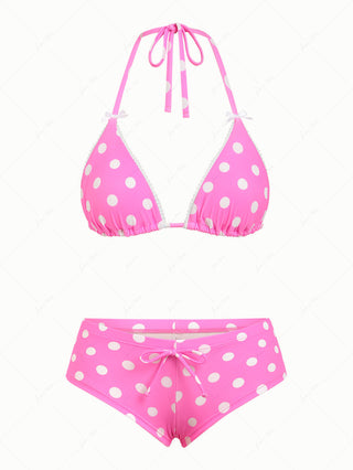 Hot Pink Polka Dot Lace Bowknot Halter Triangle Cheeky Boyshorts Bikini Set