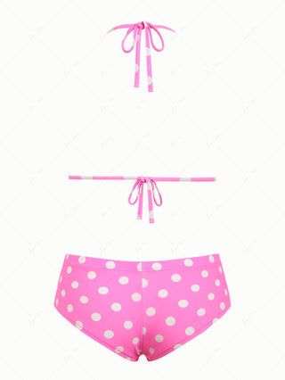 Hot Pink Polka Dot Lace Bowknot Halter Triangle Cheeky Boyshorts Bikini Set