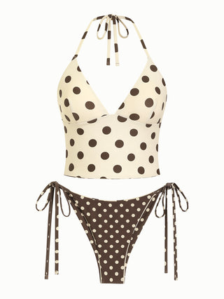 Apricot Polka Dot Halter Tied Back Top & Cheeky Brazilian Bottom Reversible Tankini Set