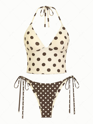 Apricot Polka Dot Halter Tied Back Top & Cheeky Brazilian Bottom Reversible Tankini Set