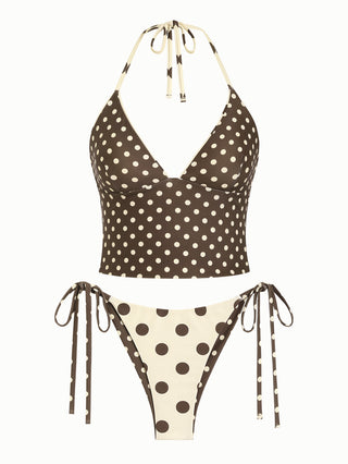 Apricot Polka Dot Halter Tied Back Top & Cheeky Brazilian Bottom Reversible Tankini Set