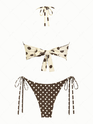 Apricot Polka Dot Halter Tied Back Top & Cheeky Brazilian Bottom Reversible Tankini Set
