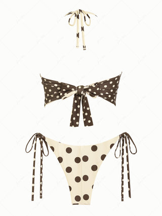 Apricot Polka Dot Halter Tied Back Top & Cheeky Brazilian Bottom Reversible Tankini Set