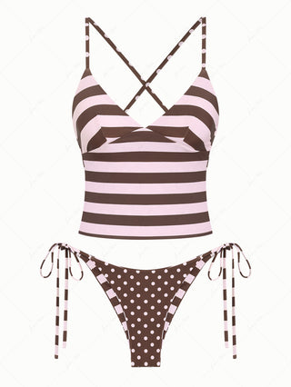 Pink Striped Polka Dot Crisscross Tie Top & Cheeky Brazilian Bottom Reversible Tankini Set