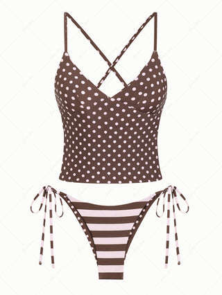 Pink Striped Polka Dot Crisscross Tie Top & Cheeky Brazilian Bottom Reversible Tankini Set