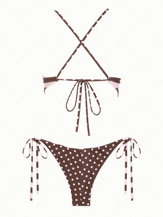 Pink Striped Polka Dot Crisscross Tie Top & Cheeky Brazilian Bottom Reversible Tankini Set