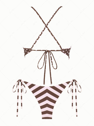 Pink Striped Polka Dot Crisscross Tie Top & Cheeky Brazilian Bottom Reversible Tankini Set