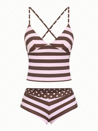Pink Striped Polka Dot Crisscross Tie Reversible Top & Cheeky Boyshorts Tankini  Set