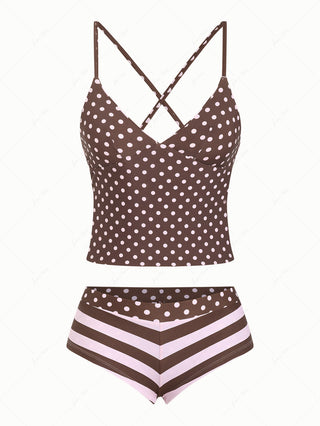 Pink Striped Polka Dot Crisscross Tie Reversible Top & Cheeky Boyshorts Tankini  Set