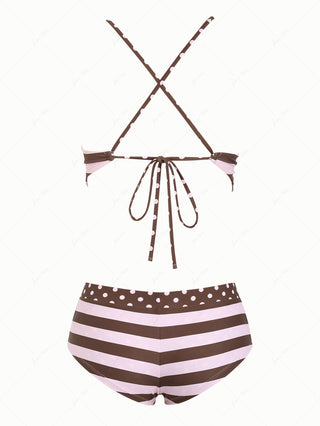 Pink Striped Polka Dot Crisscross Tie Reversible Top & Cheeky Boyshorts Tankini  Set