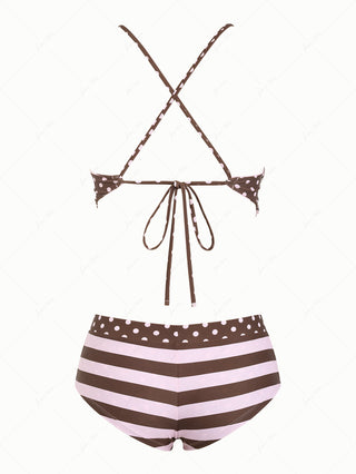 Pink Striped Polka Dot Crisscross Tie Reversible Top & Cheeky Boyshorts Tankini  Set